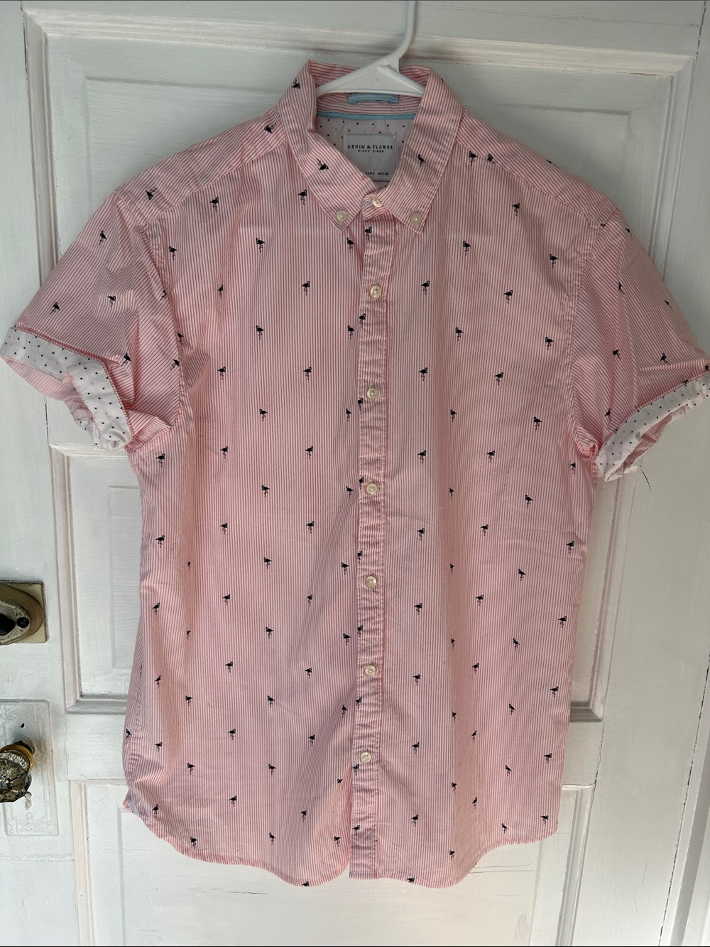 Denim & Flower Pink Short-Sleeve Button-Up with Navy Flamingo Motif